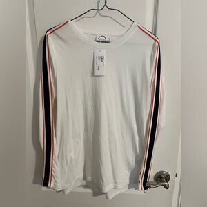 The Upside women’s white L/S Tee w orange & navy blue stripes on sleeves. NWT